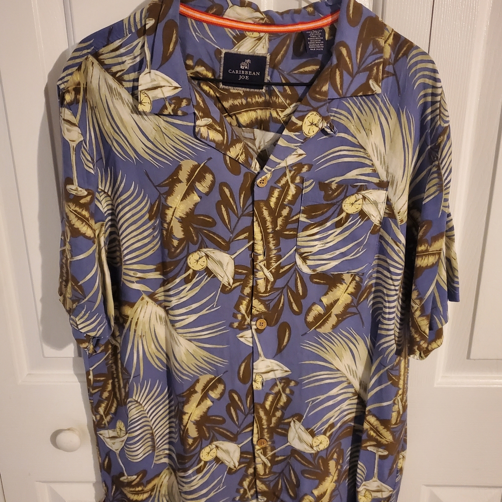 Caribbean Joe Men's Tropical Blue and Brown Shirt
